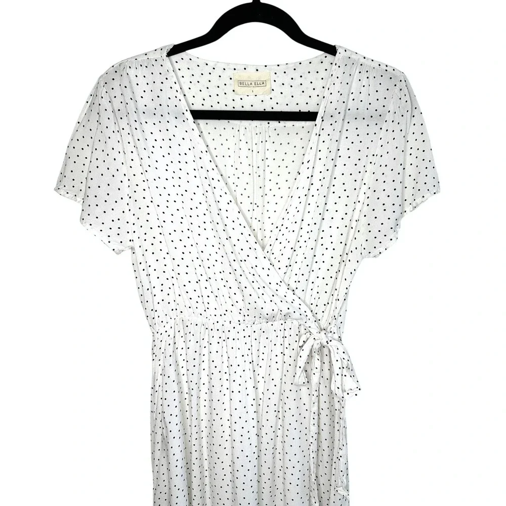 Bella Ella White Black Polka Dot Faux Wrap Dress Rayon S Summer Wedding Guest‎